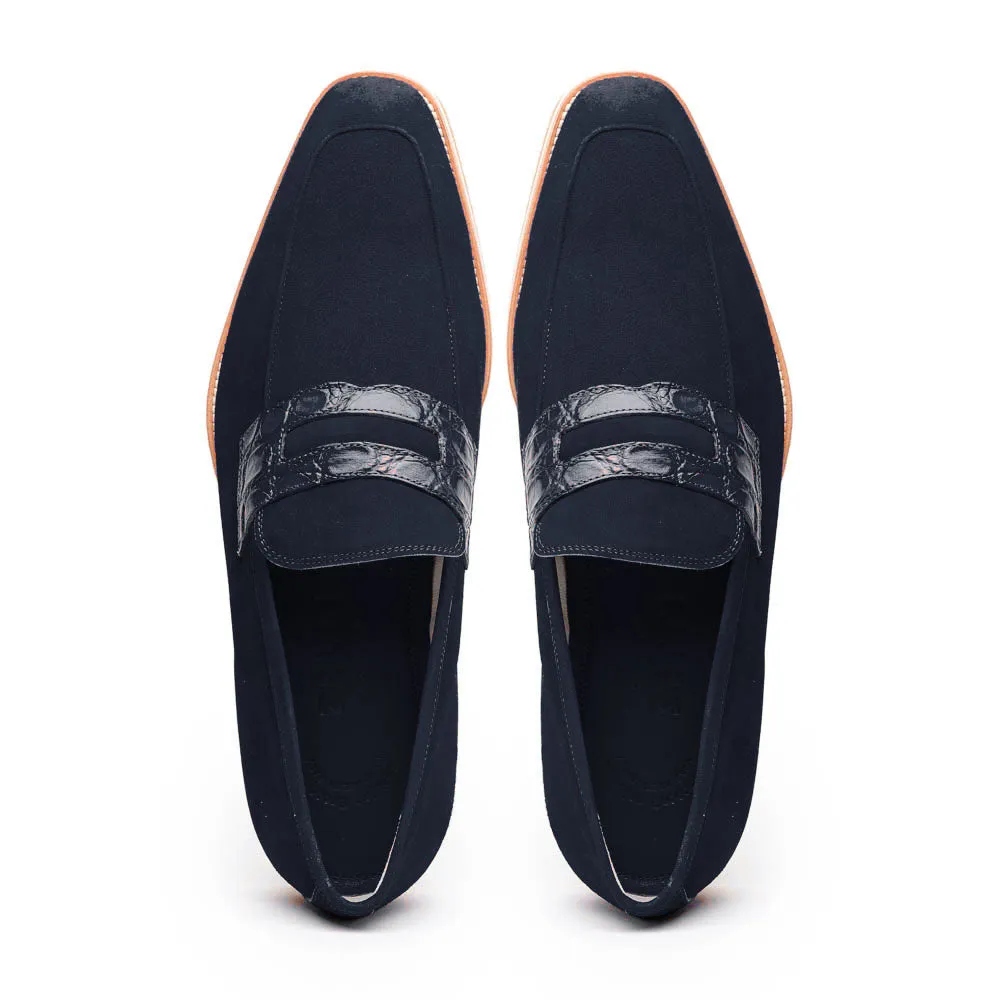 11-020-NVY MEO 3 Sueded Goatskin Penny Loafer, Navy