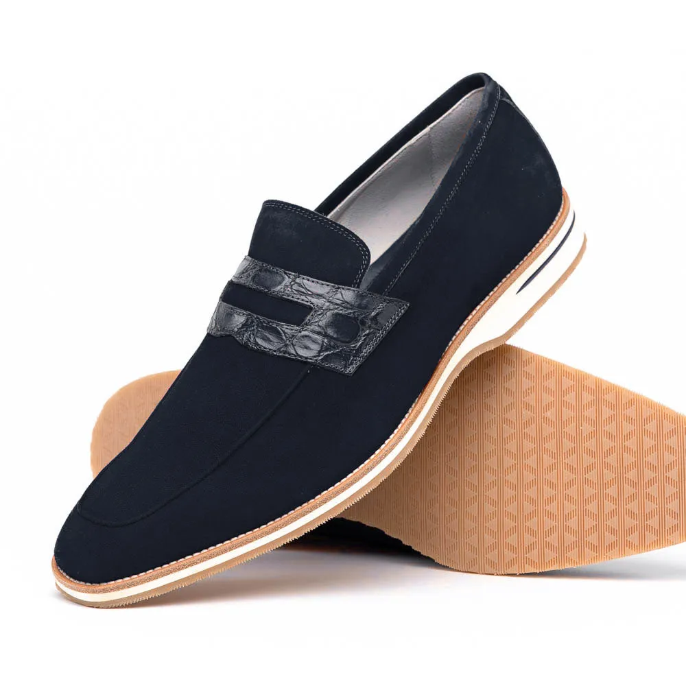 11-020-NVY MEO 3 Sueded Goatskin Penny Loafer, Navy