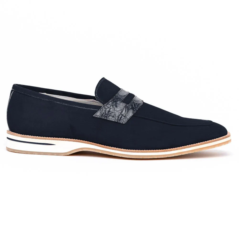 11-020-NVY MEO 3 Sueded Goatskin Penny Loafer, Navy