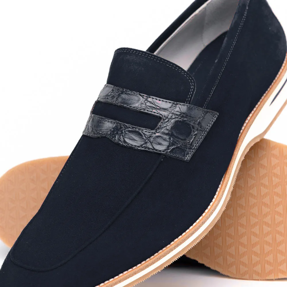 11-020-NVY MEO 3 Sueded Goatskin Penny Loafer, Navy