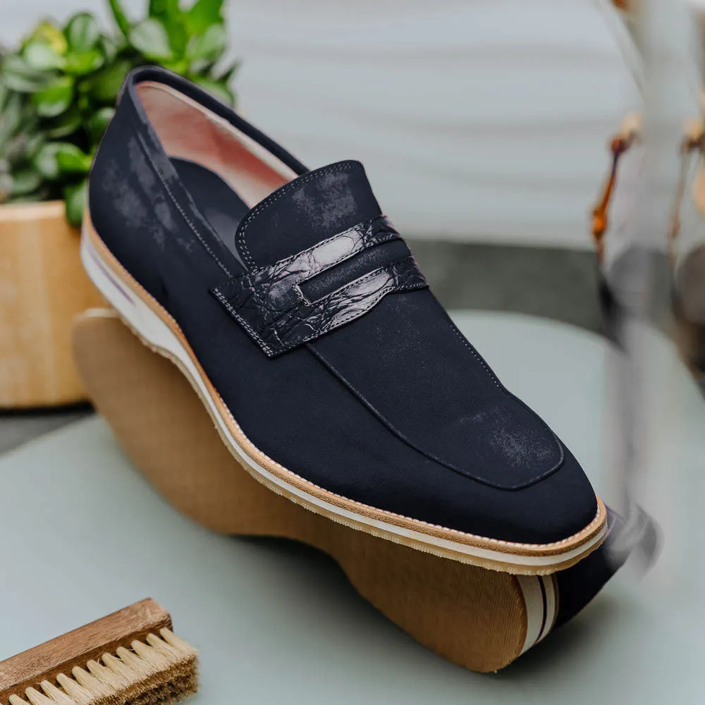 11-020-NVY MEO 3 Sueded Goatskin Penny Loafer, Navy