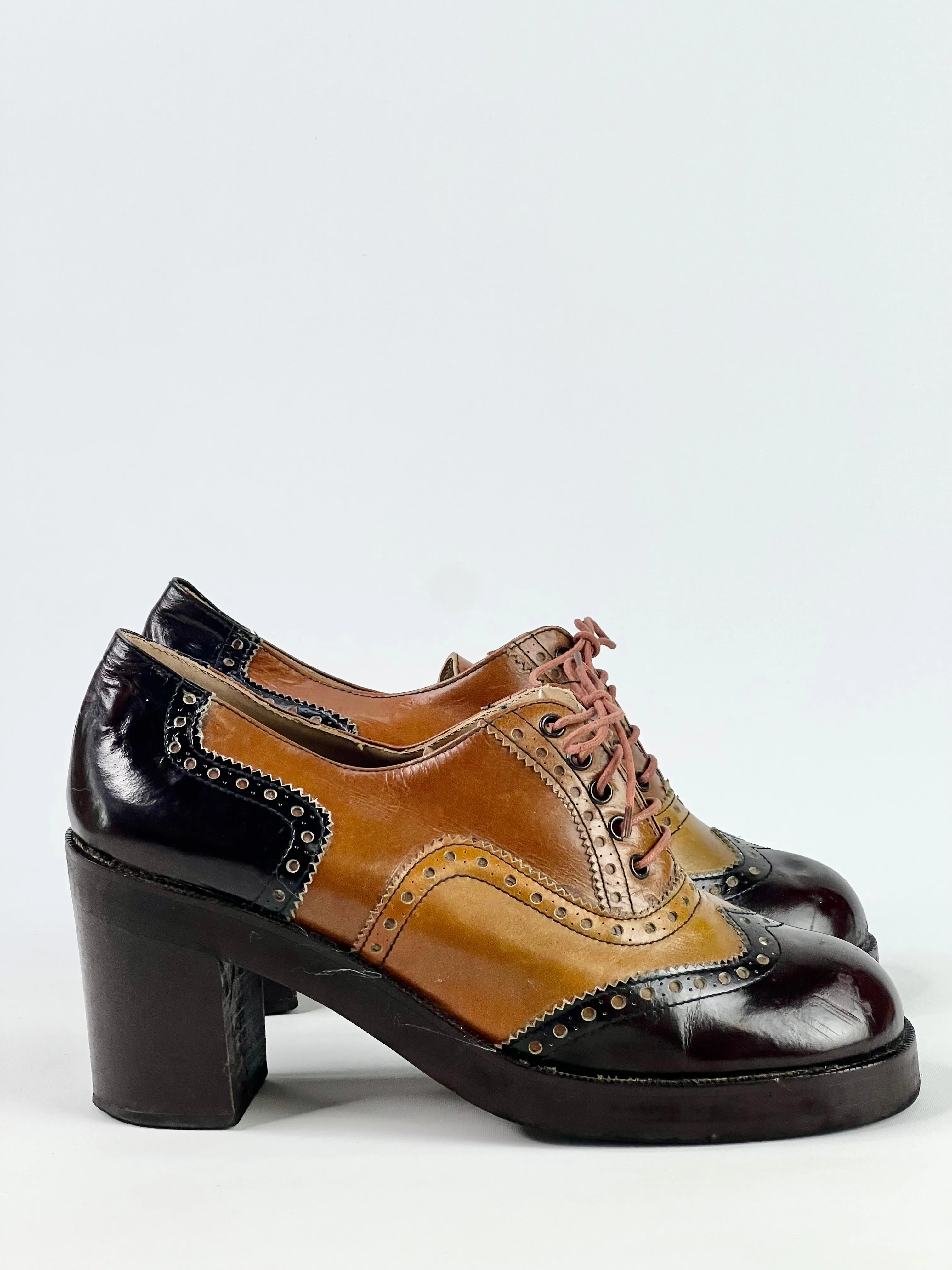 60s Two-Tone Leather Heeled Oxfords - EU37