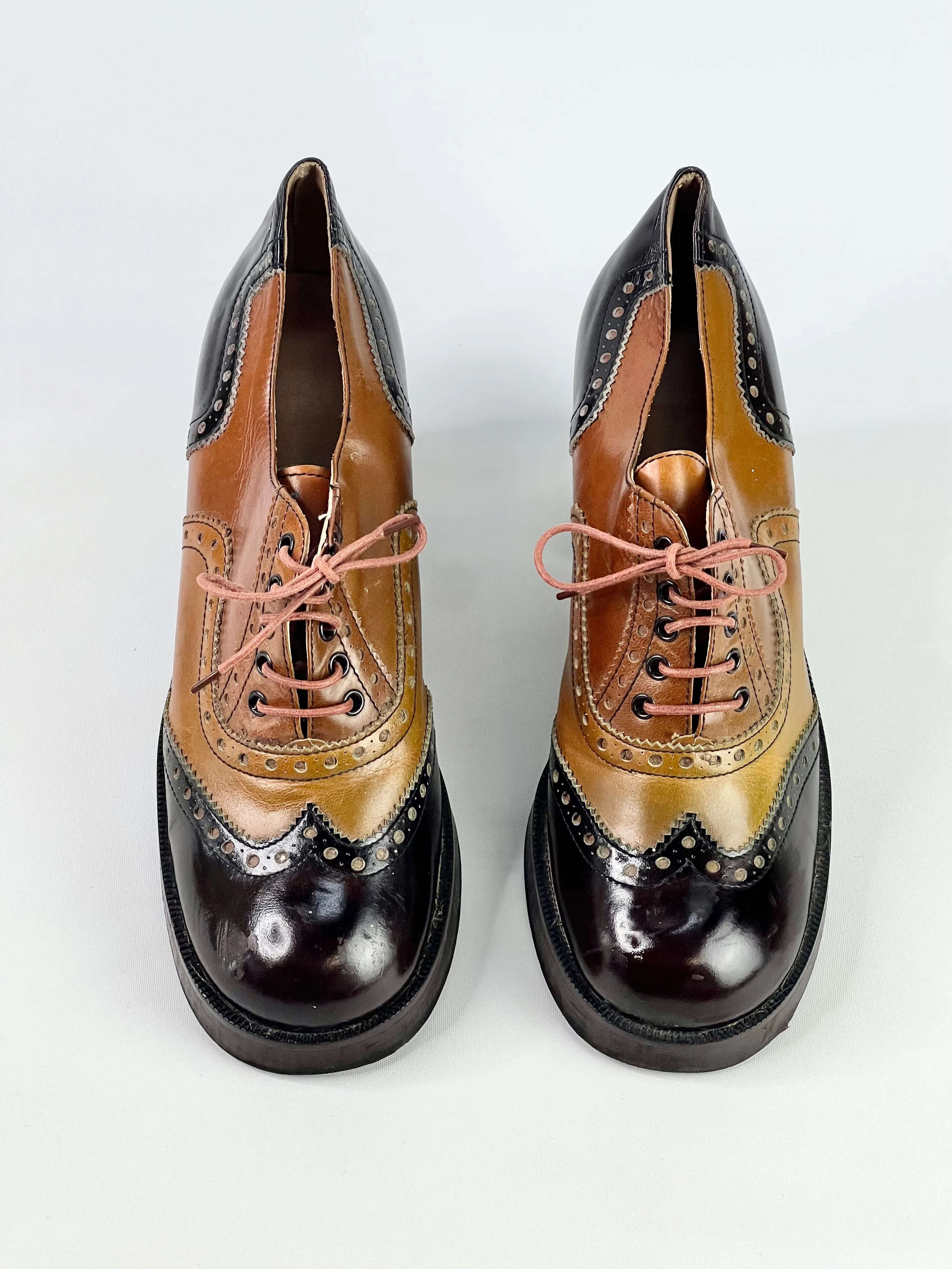 60s Two-Tone Leather Heeled Oxfords - EU37