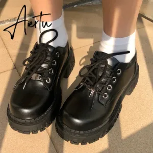 Aiertu  Black Vintage Shoes Women autumn Fashion Comfortable Lace Up Platform Oxford Loafers Casual Boat Shoes Lolita Shoes Platform