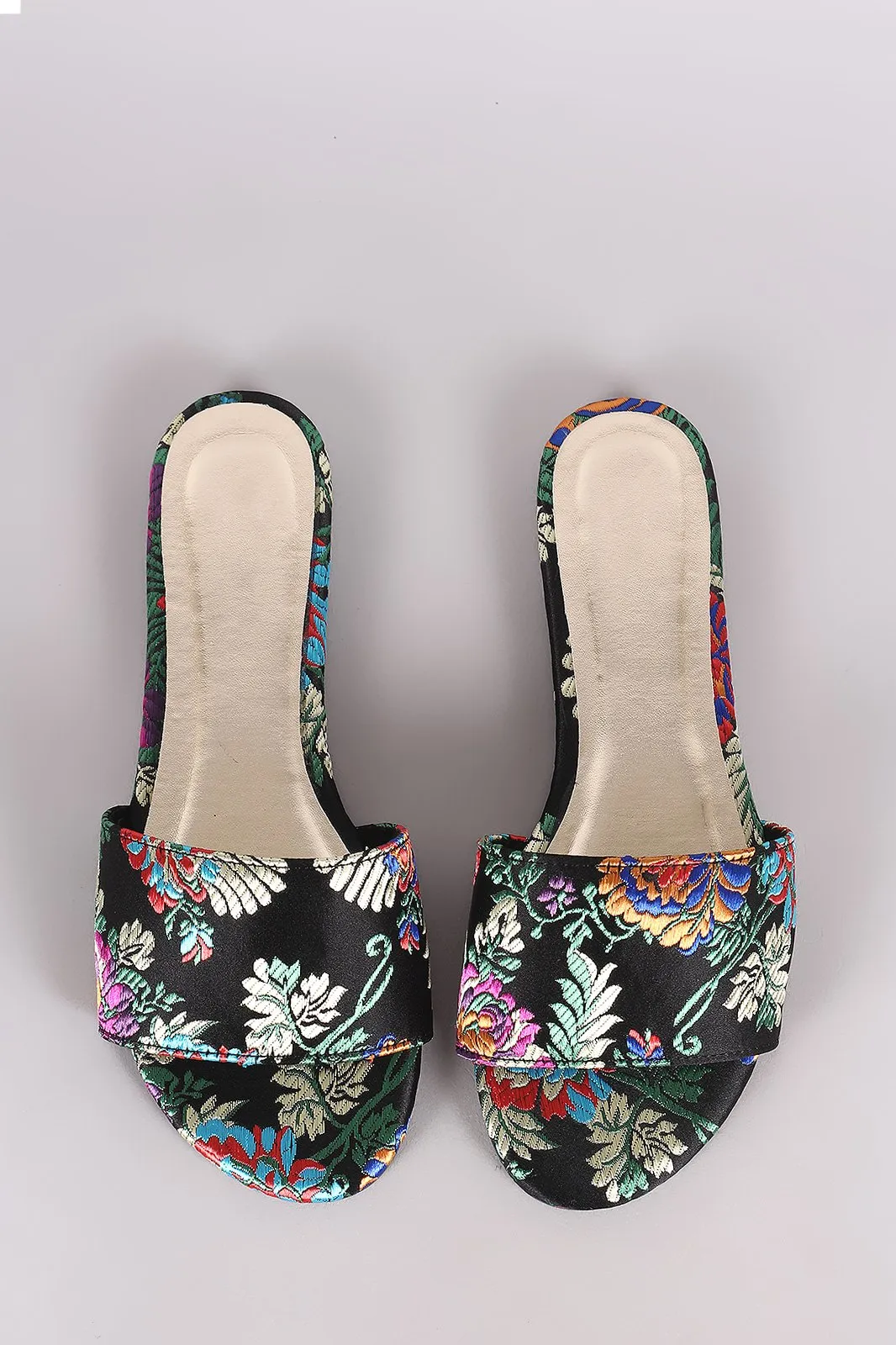 Bamboo Satin Floral Brocade Open Toe Slip-On Flat Sandal