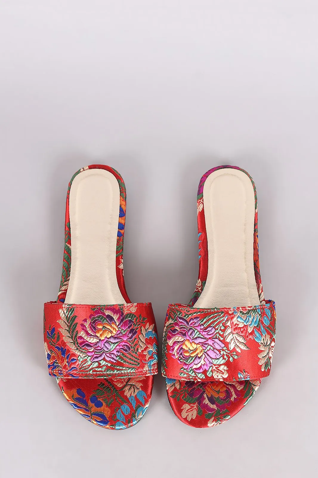 Bamboo Satin Floral Brocade Open Toe Slip-On Flat Sandal