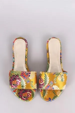 Bamboo Satin Floral Brocade Open Toe Slip-On Flat Sandal