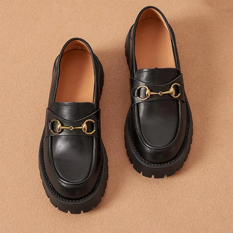 Chunky Loafers Women Smooth Genuine Leather Platform Shoes Round Toe Metal Chain Slip on Handmade