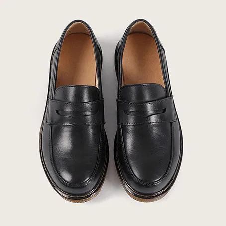 Full Grain Leather Penny Loafers Handmade Uniform Shoes Black