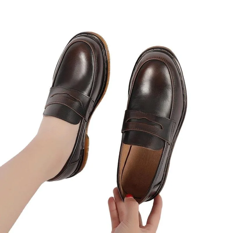 Full Grain Leather Penny Loafers Handmade Uniform Shoes Black