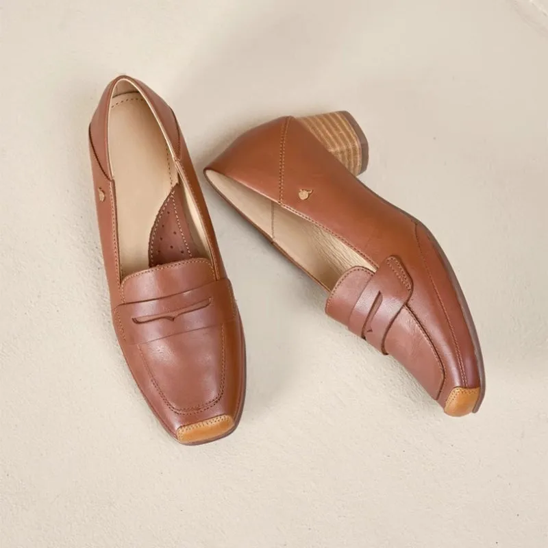 Handmade Ballet Square Toe Loafer Pumps In Brown/White