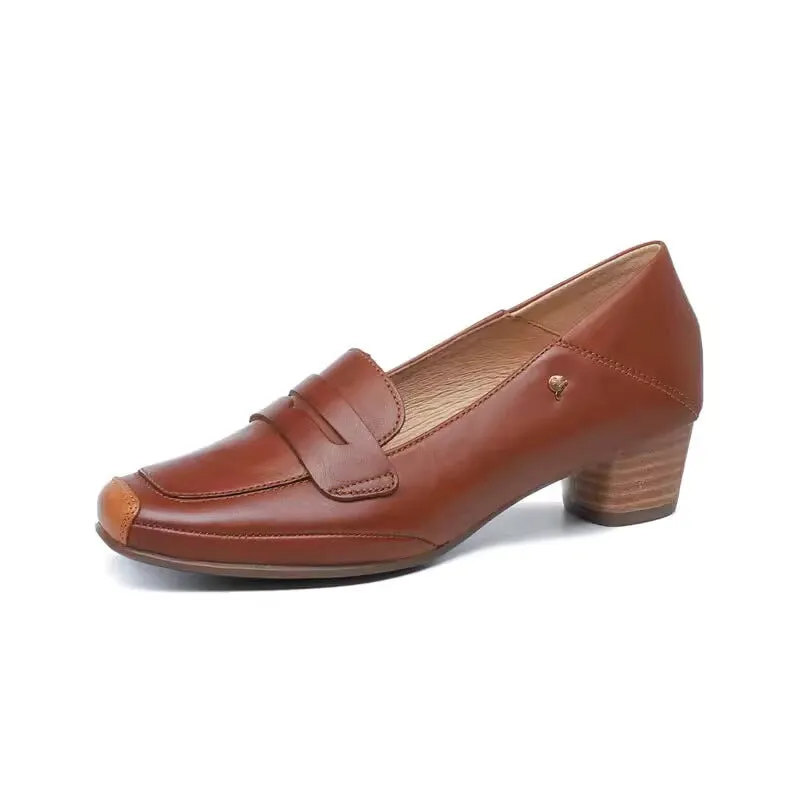 Handmade Ballet Square Toe Loafer Pumps In Brown/White