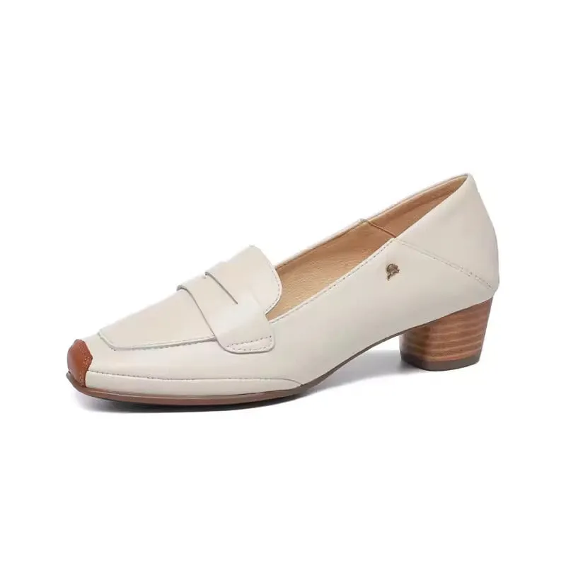 Handmade Ballet Square Toe Loafer Pumps In Brown/White