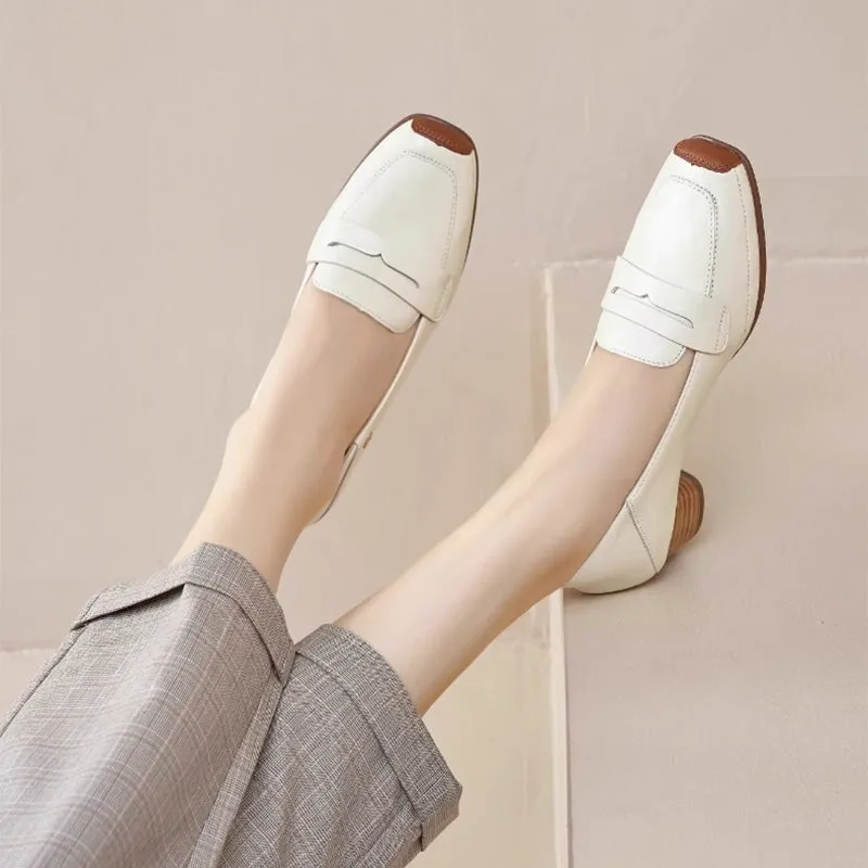 Handmade Ballet Square Toe Loafer Pumps In Brown/White