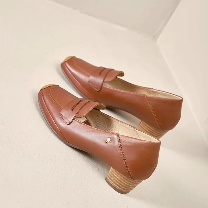 Handmade Ballet Square Toe Loafer Pumps In Brown/White