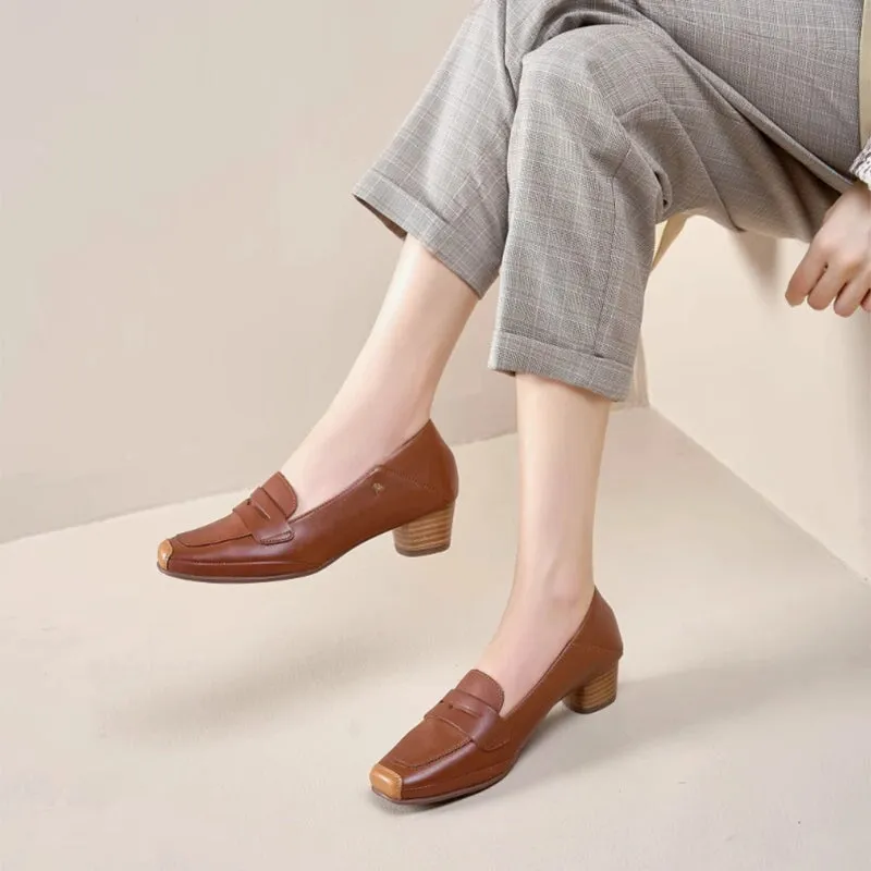 Handmade Ballet Square Toe Loafer Pumps In Brown/White