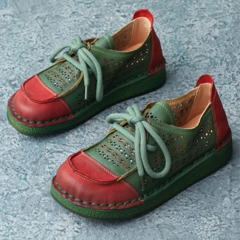 Handmade Leather Oxfords Women Flat Soft Sole Casual Slip On Shoes in Green/Brown