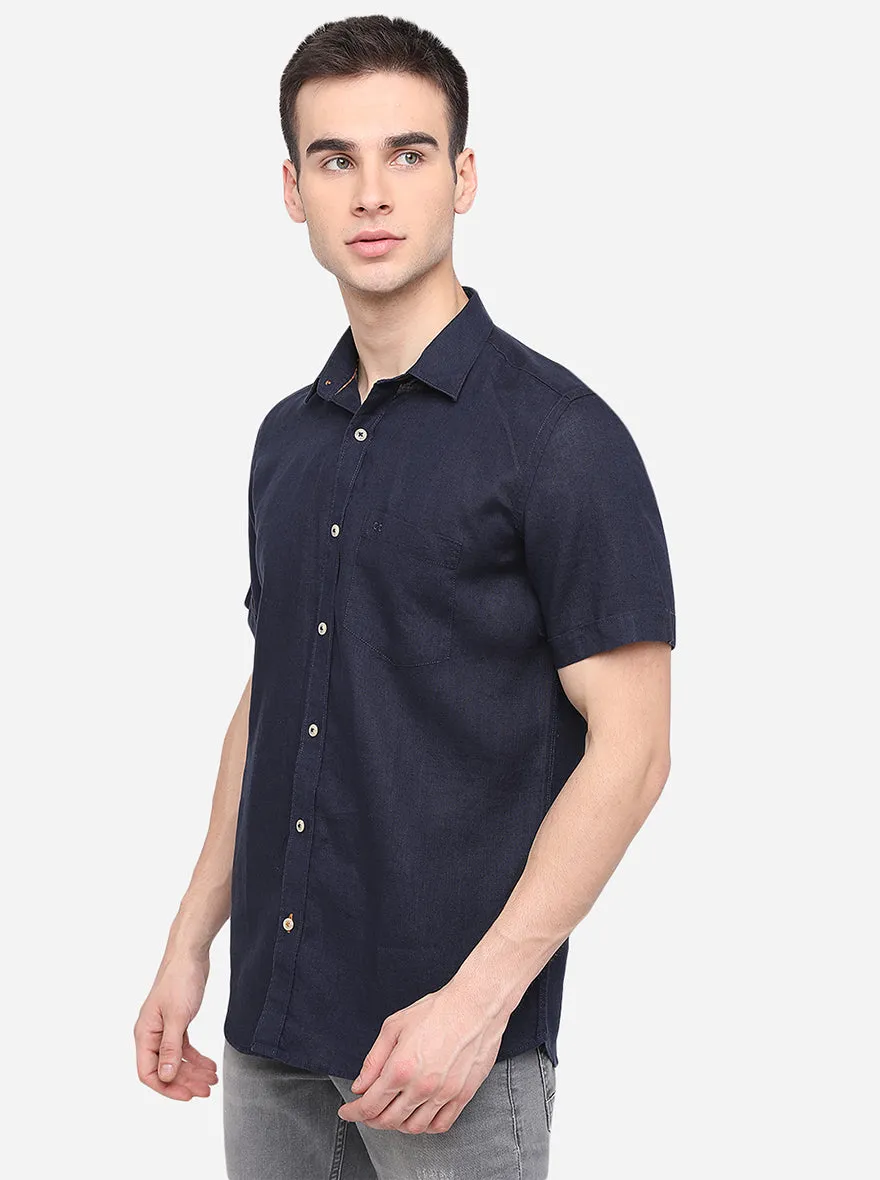 Indigo Blue Solid Slim Fit Semi Casual Shirt | JadeBlue