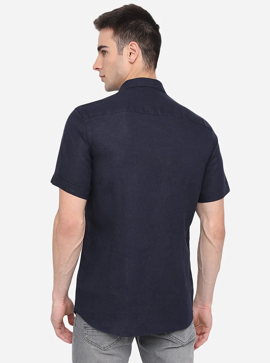 Indigo Blue Solid Slim Fit Semi Casual Shirt | JadeBlue