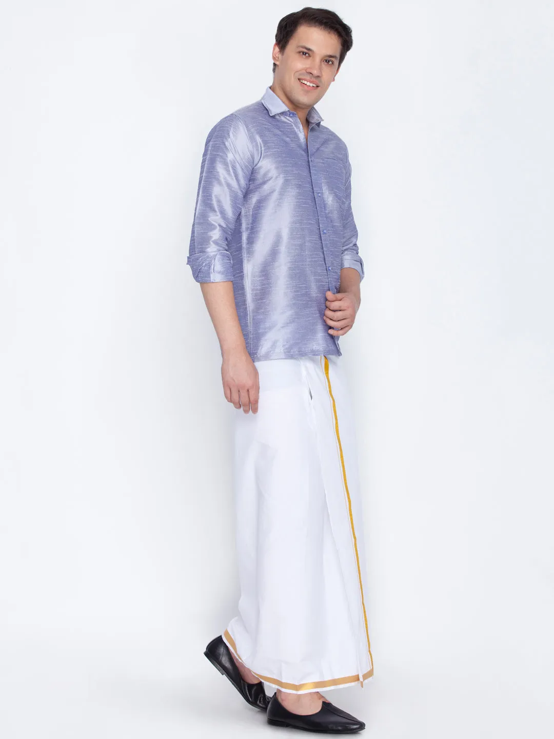 Jashvi Men's Blue Cotton Silk Blend Shirt and Mundu Set