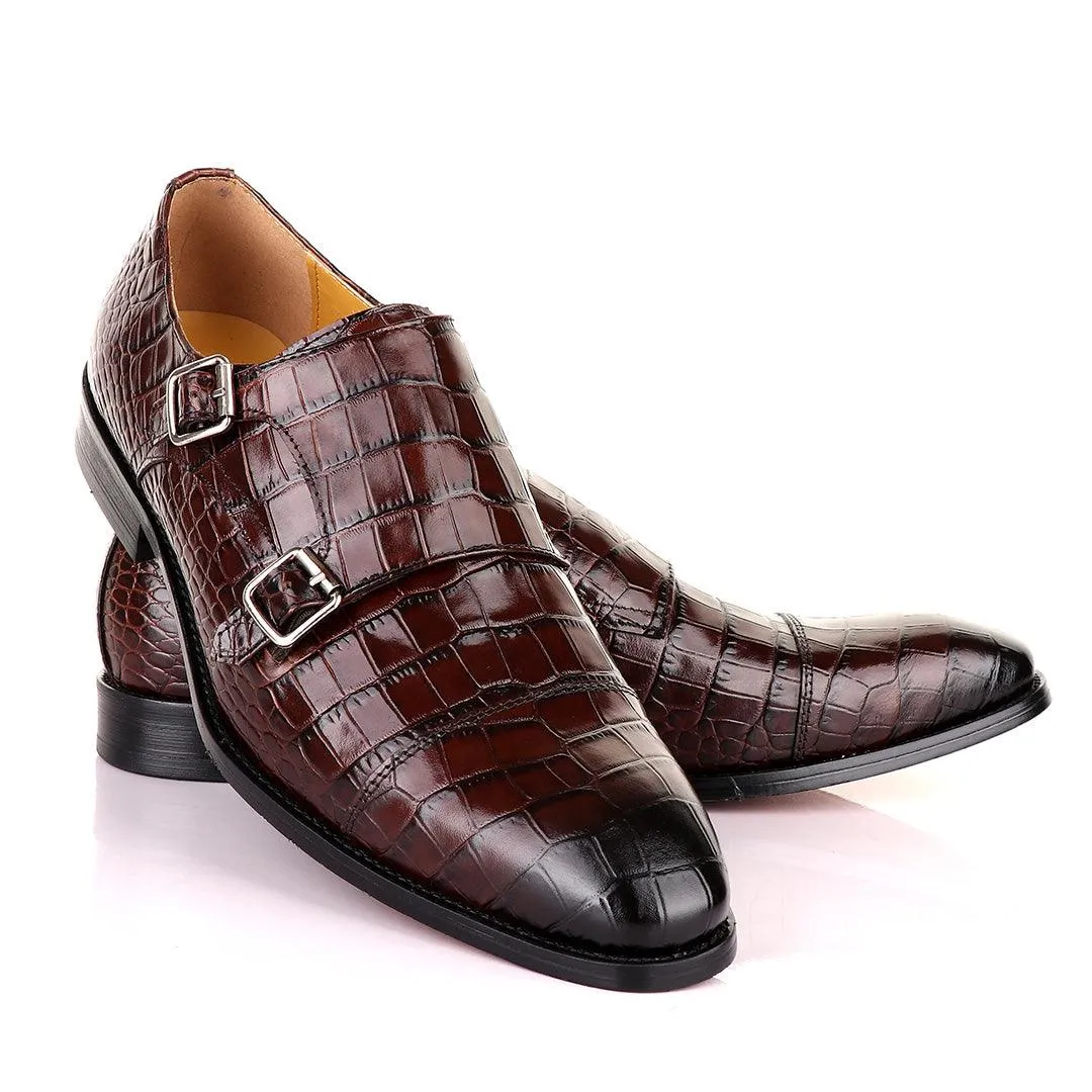 John Mendson Double Monk Strap Coffee Croc Leather Shoe