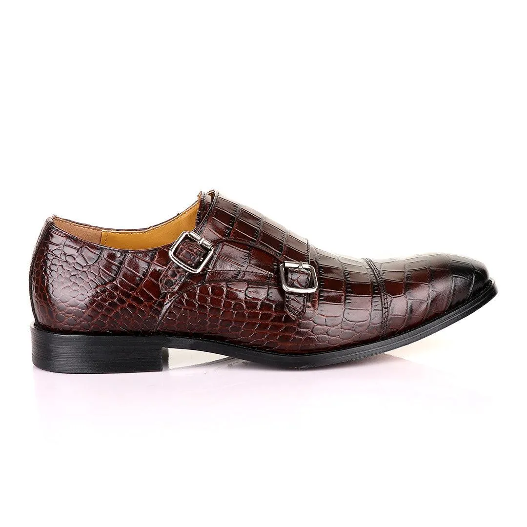 John Mendson Double Monk Strap Coffee Croc Leather Shoe