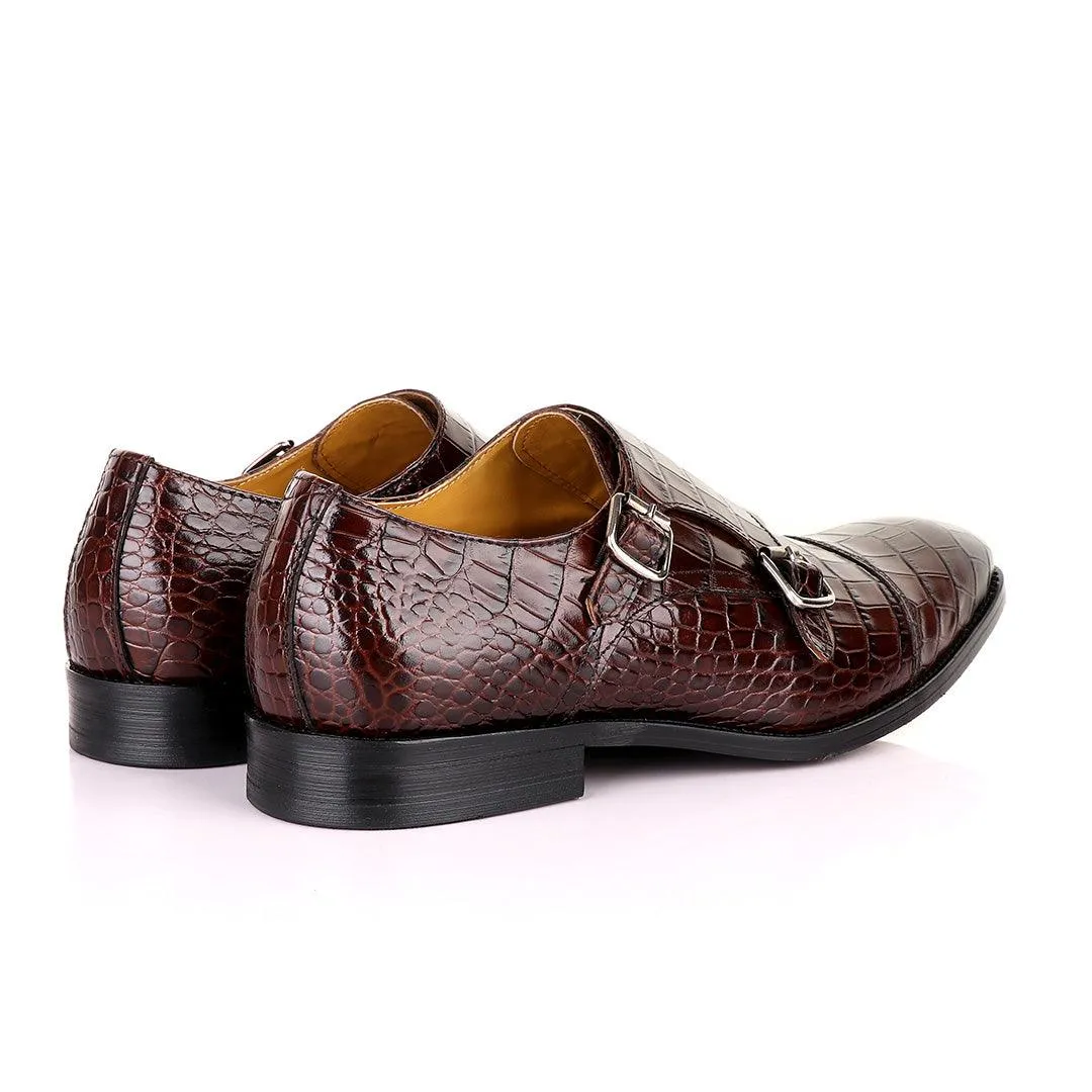 John Mendson Double Monk Strap Coffee Croc Leather Shoe