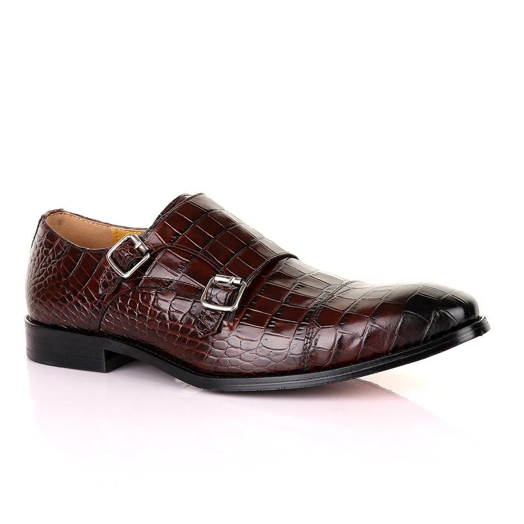 John Mendson Double Monk Strap Coffee Croc Leather Shoe