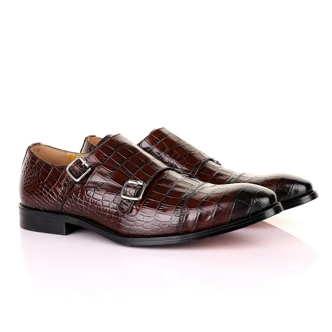 John Mendson Double Monk Strap Coffee Croc Leather Shoe