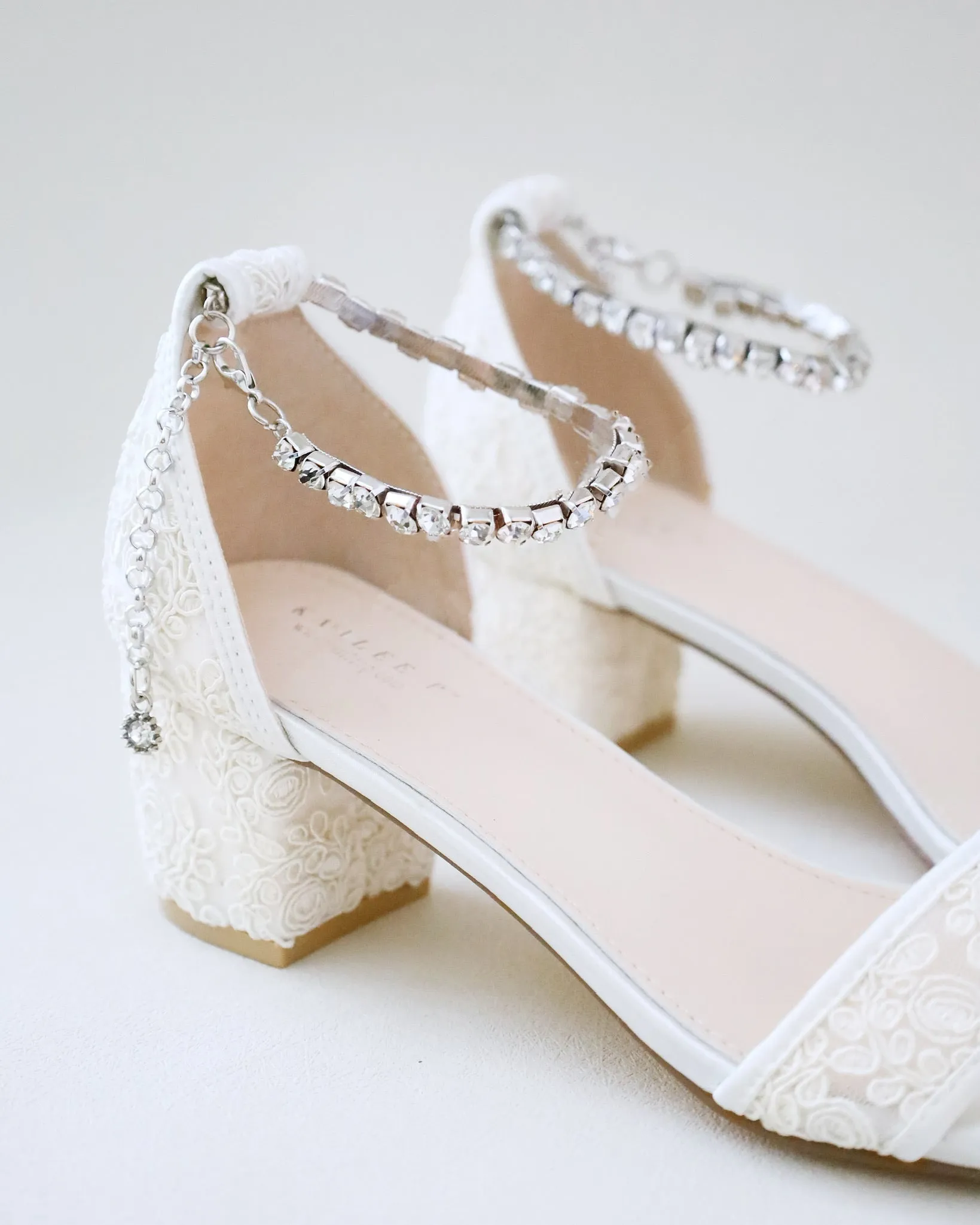 JOSKAA 2024 New Fashion High Heel Crochet Lace Block Heel Wedding Sandals with Eternity Rhinestones Strap