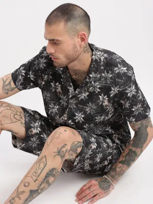 Men Abstract Cuban Collar Black Co-Ords Set