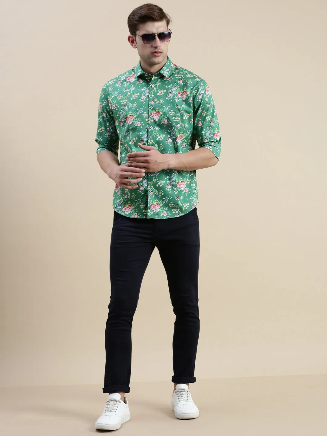 Men Green Floral Casual Shirt