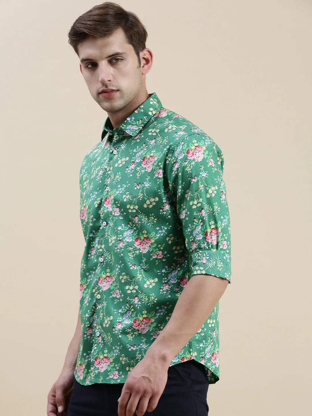 Men Green Floral Casual Shirt