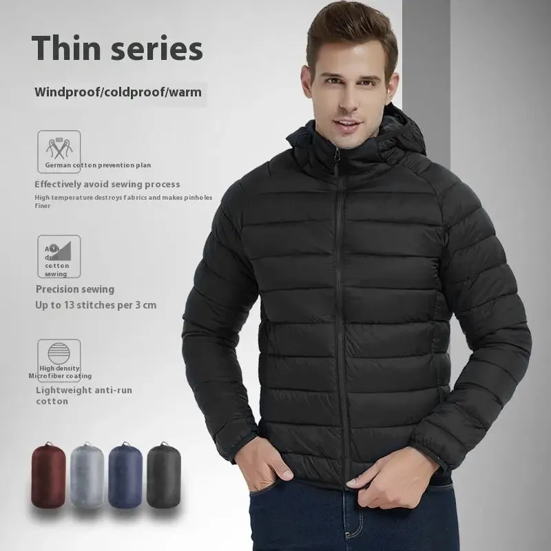 Men's coat Lightweight Hooded Coat Winter Warm Solid Color Zipper Jacket Fashion Portable Outerwear Top Clothing