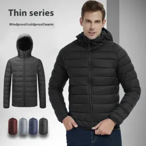 Men's coat Lightweight Hooded Coat Winter Warm Solid Color Zipper Jacket Fashion Portable Outerwear Top Clothing