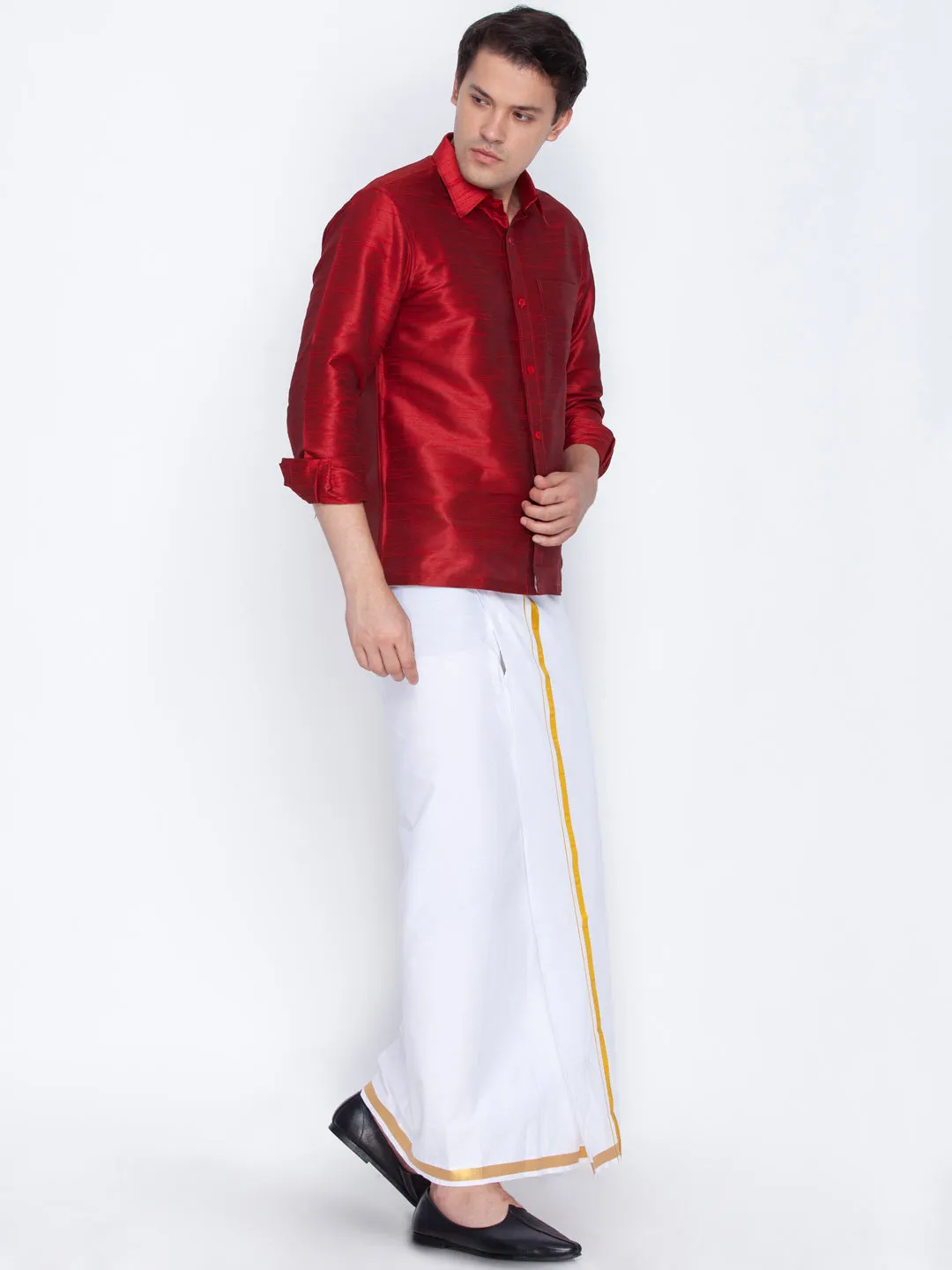 Men's Maroon Cotton Silk Blend Shirt with Dhoti