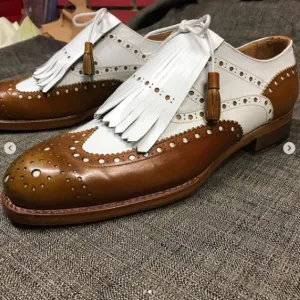 Men's Tan Brown & White Leather Fringed Wingtip Shoes