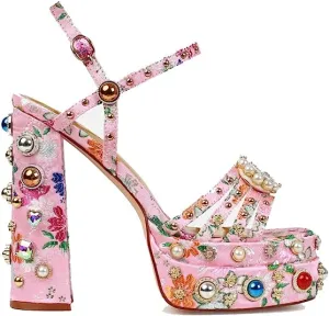 Pink Women's Ankle Strap High Heel Sandals Rhinestone Diamond Chunky Heels