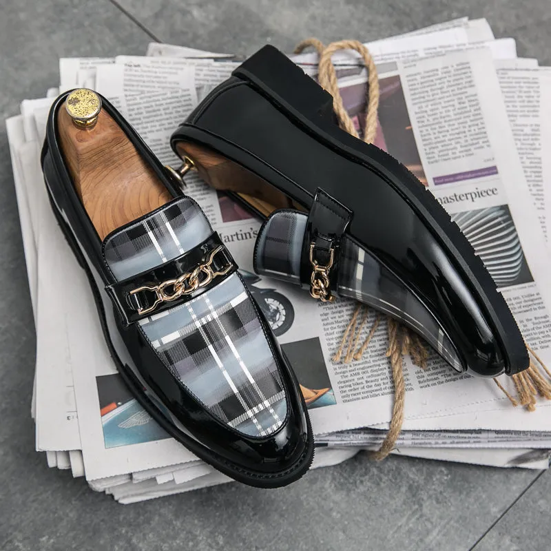 Plaid Pattern And Metal Chain Appliques Men Loafers