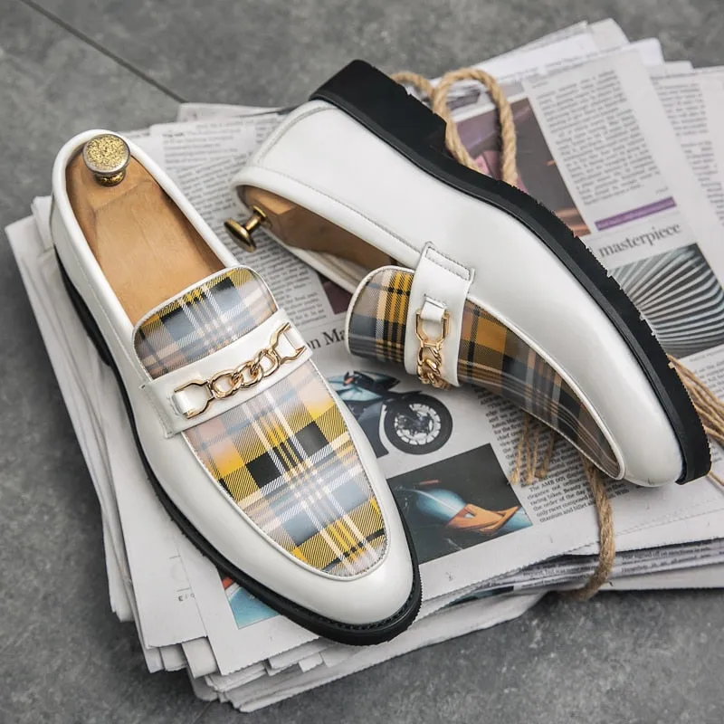 Plaid Pattern And Metal Chain Appliques Men Loafers