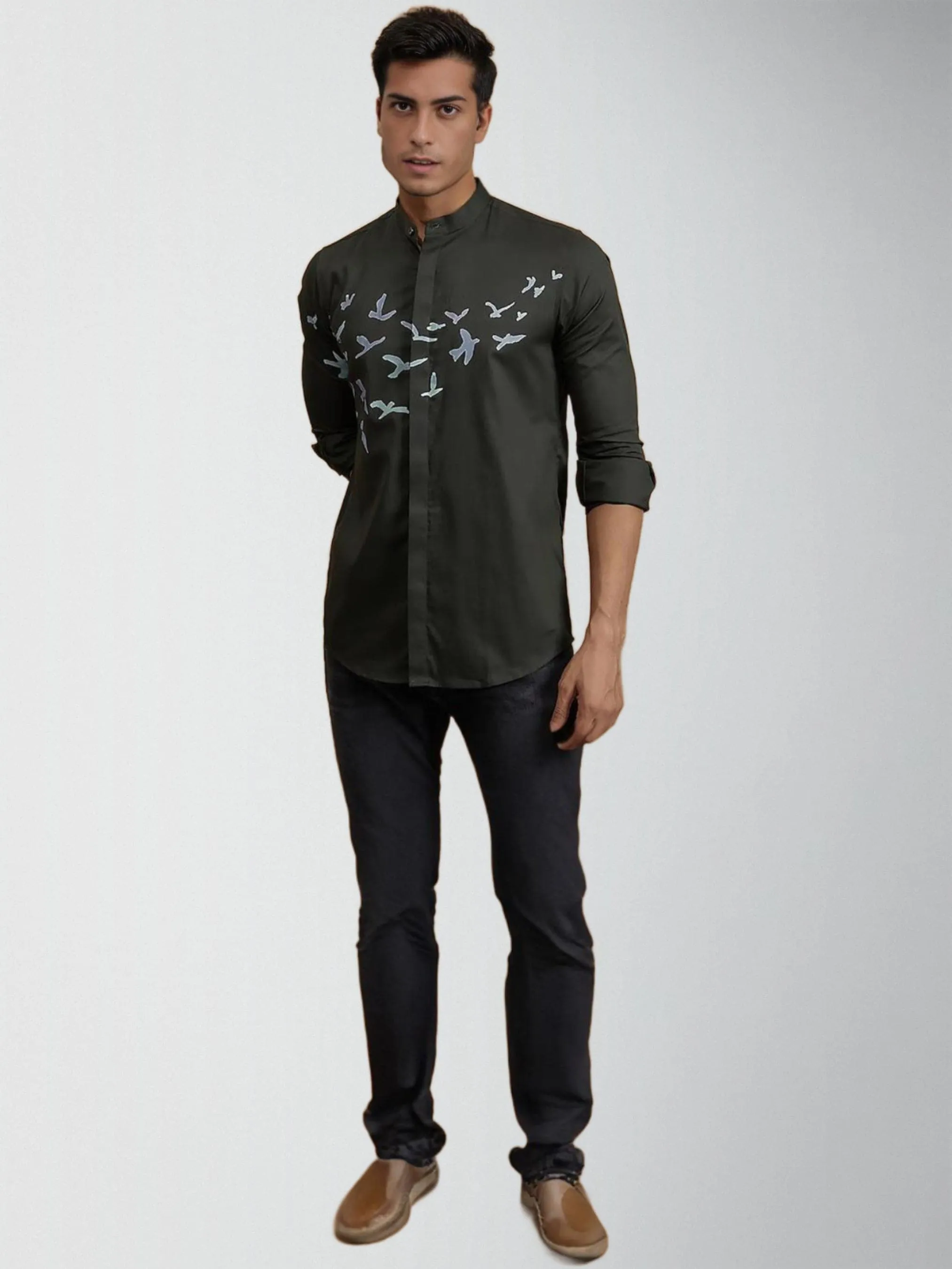 Printed Band Collar Cotton Casual Shirt