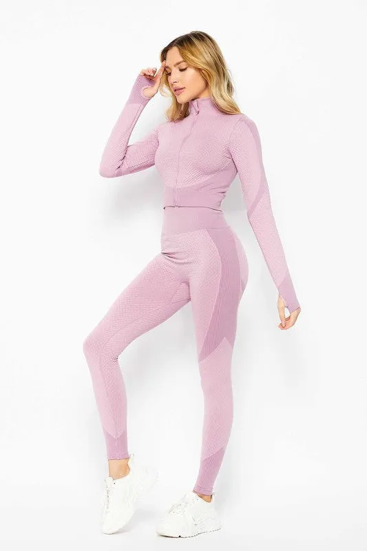 Purple Honey Comb Active Cropped Jacket Leggings Set