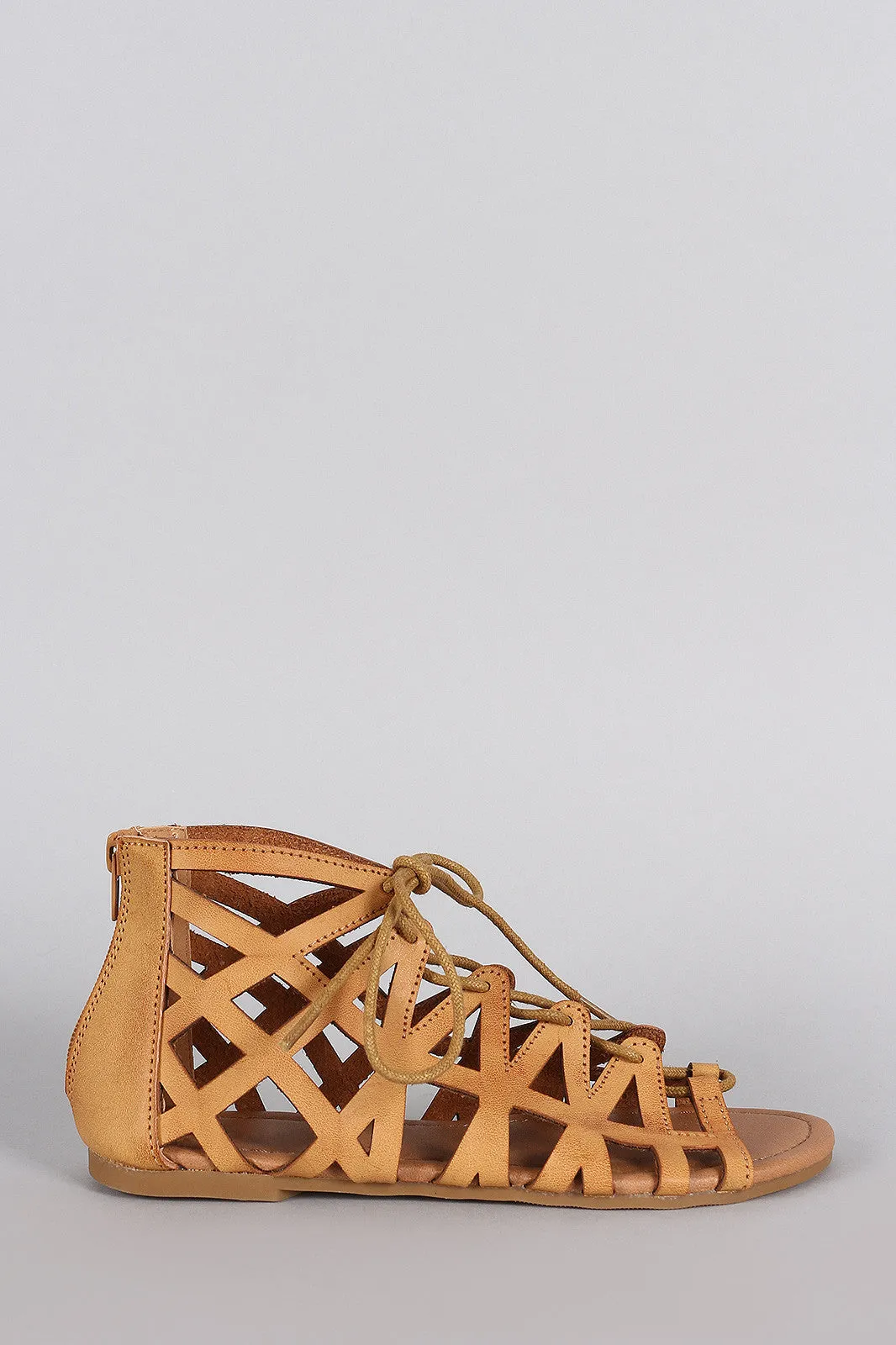 Qupid Caged Lace Up Flat Sandal