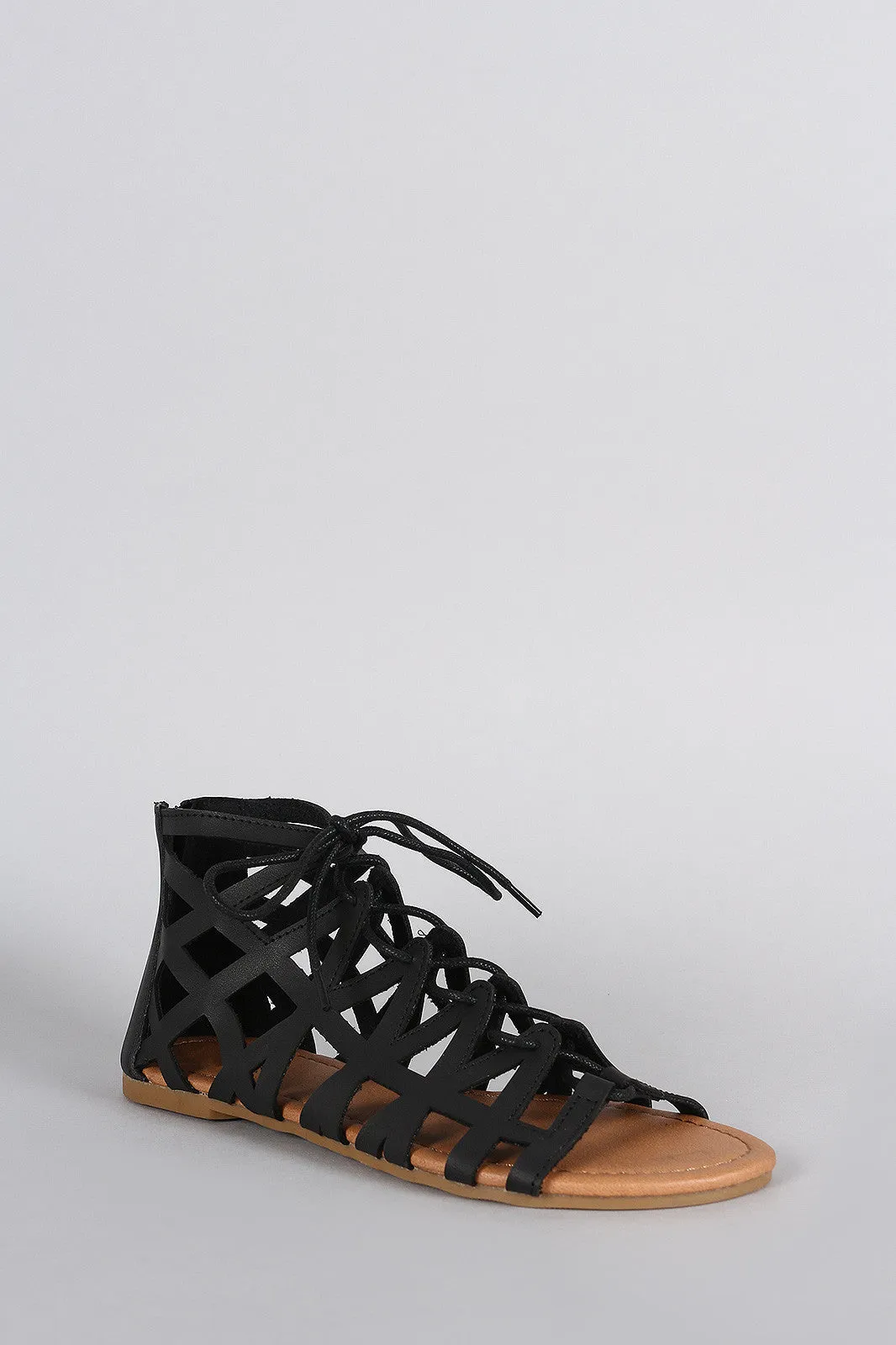 Qupid Caged Lace Up Flat Sandal