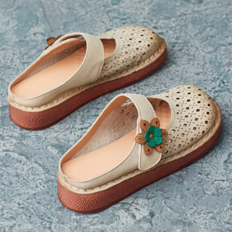 Retro Style Leather Mule Slippers Women Handmade Flats Casual Slip On Shoes in Apricot/Brown