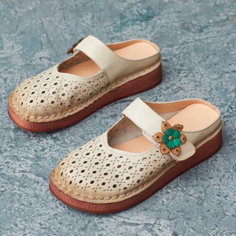 Retro Style Leather Mule Slippers Women Handmade Flats Casual Slip On Shoes in Apricot/Brown