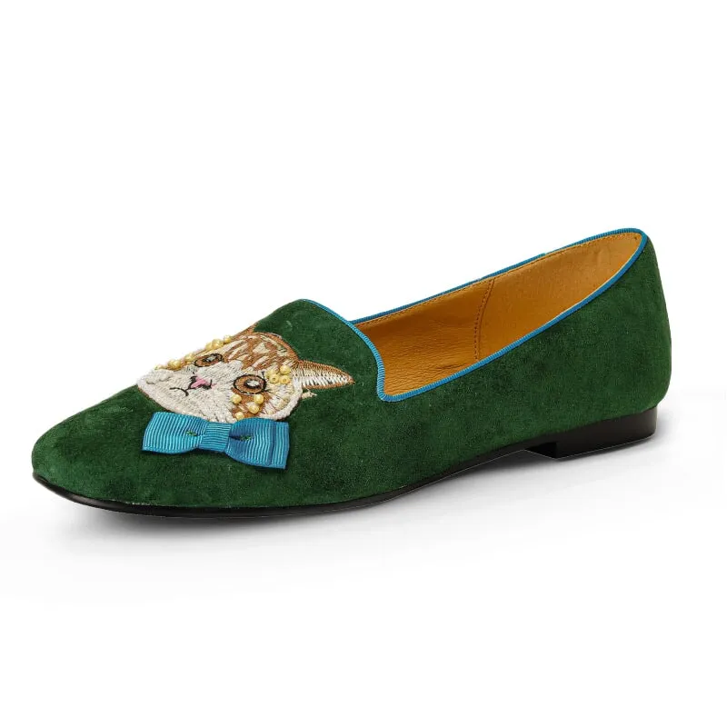 Suede Sheepskin Loafers for Women Embroidery Cat in Green/Apricot