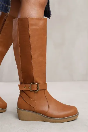 VANDA WEDGE HEEL KNEE HIGH BOOTS WITH ELASTIC PANEL IN TAN