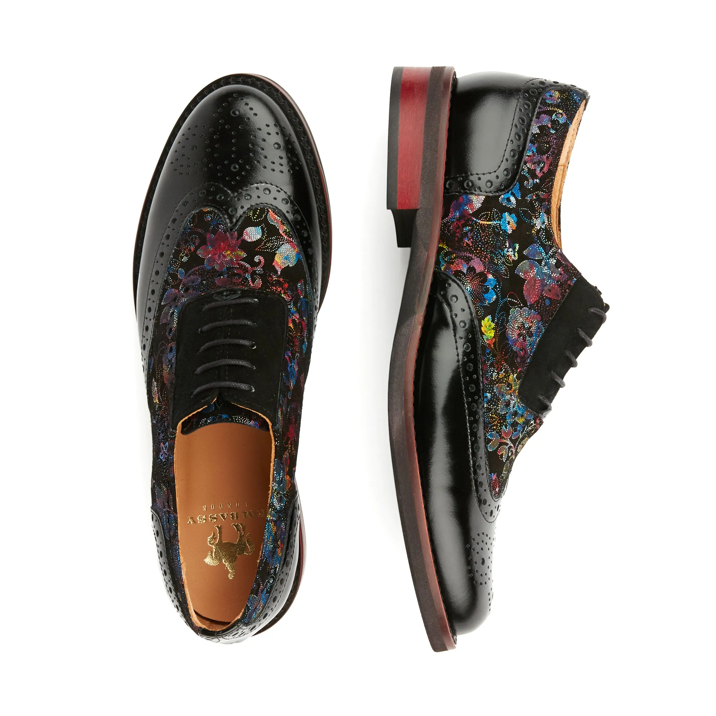 Vivienne - Black Flower - Women's almond toe lace up leather oxfords with broguing