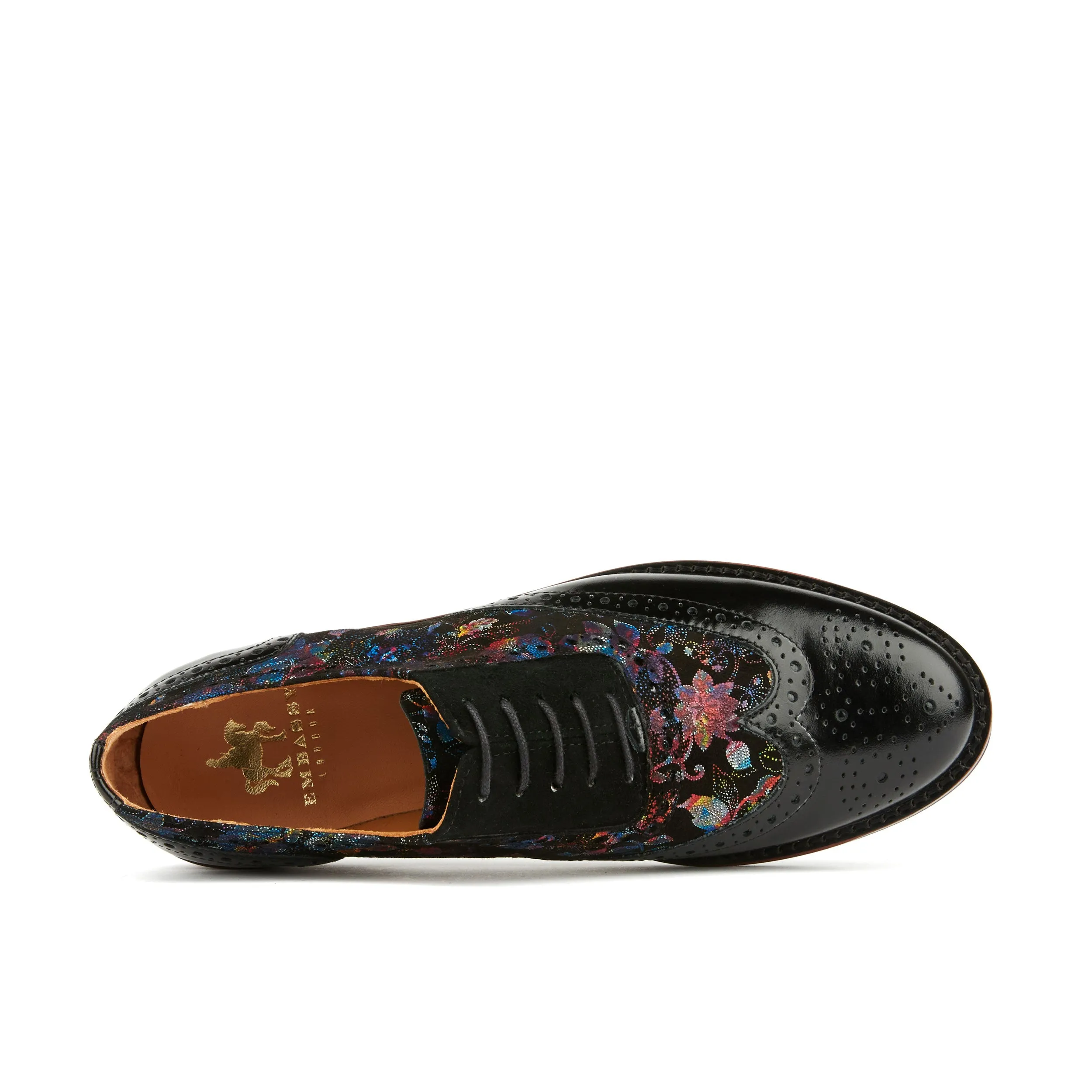 Vivienne - Black Flower - Women's almond toe lace up leather oxfords with broguing